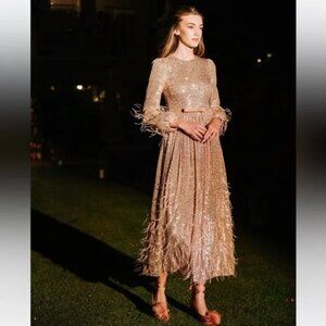 ANTONIO‎ MELANIE x NICOLA BATHIE Sz 10 Sequin Belted Feathered A-Line Dress